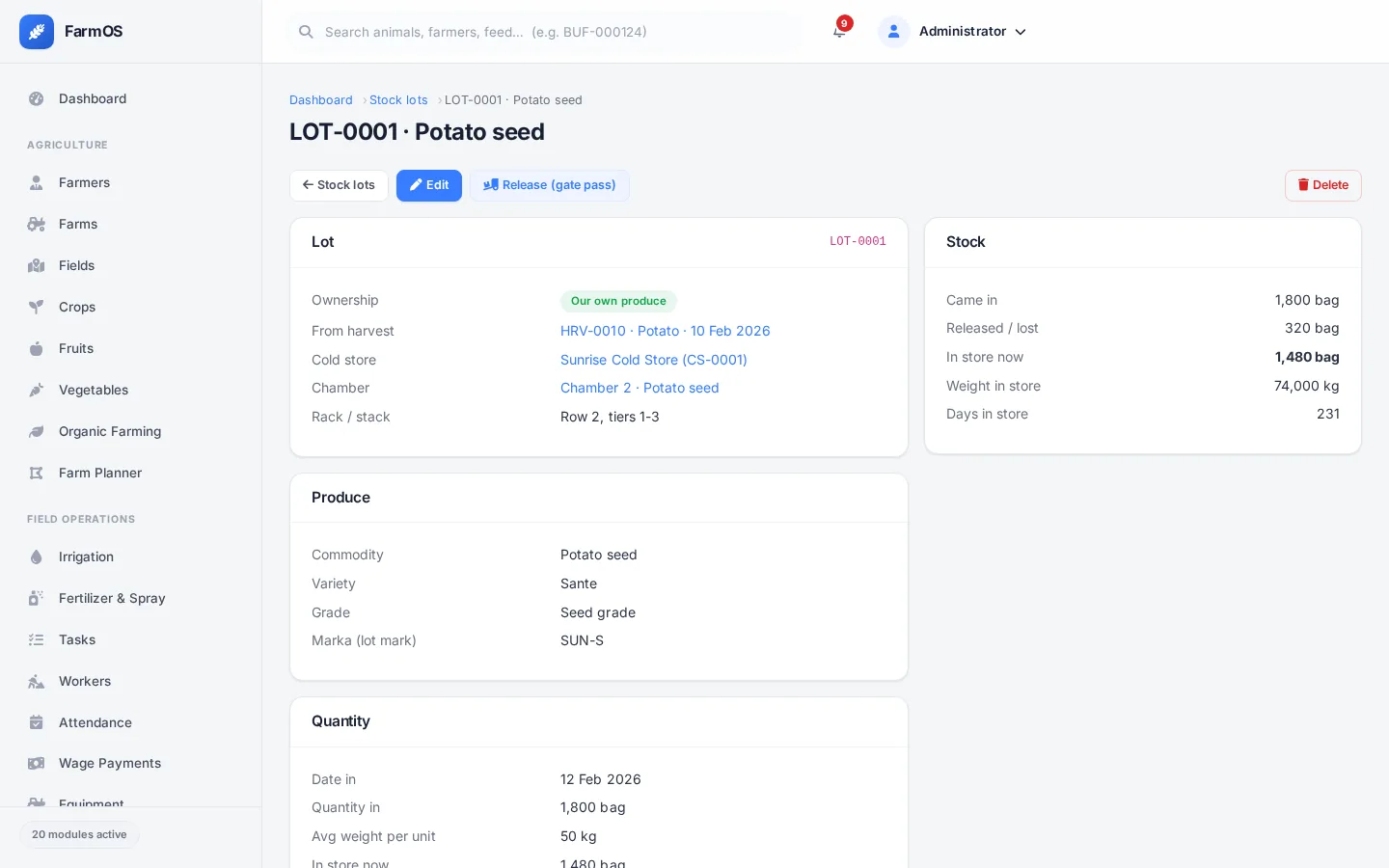 FarmOS: Cold storage lot with stock in and out