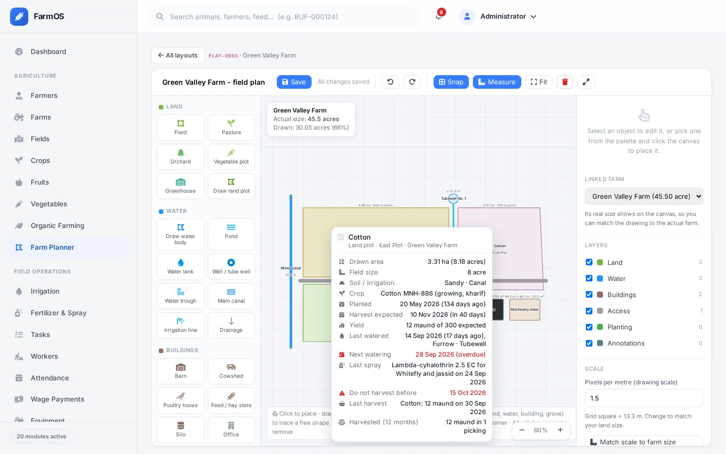 FarmOS: Farm Planner: hover any plot to see crop, watering and spray history