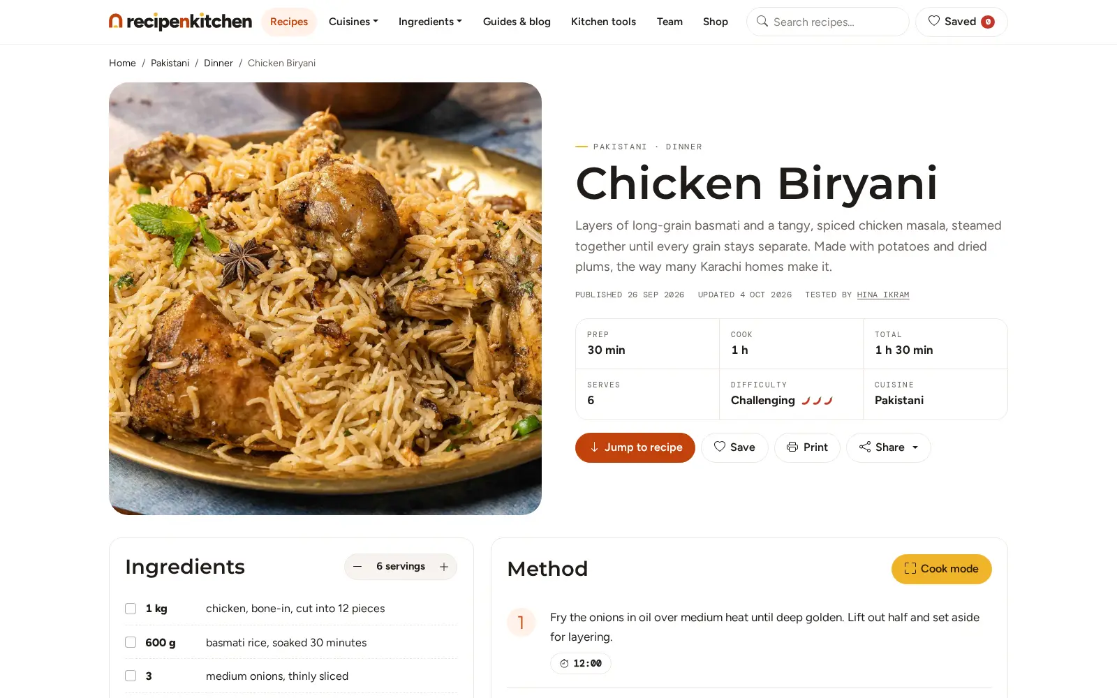 RecipeNKitchen: A recipe page with servings control, times and step-by-step method